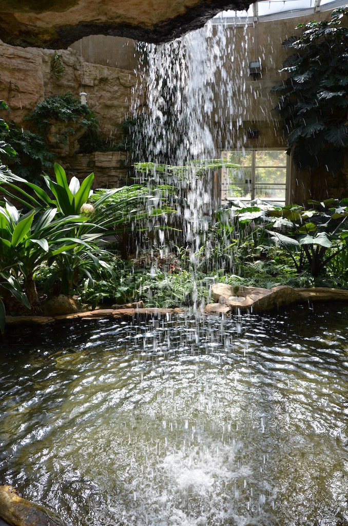 From behind the waterfall.